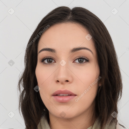 Neutral white young-adult female with medium  brown hair and brown eyes