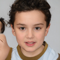 Joyful white child female with short  brown hair and brown eyes