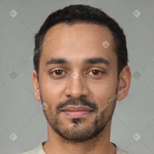 Neutral latino young-adult male with short  black hair and brown eyes