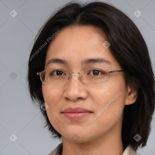 Joyful white young-adult female with medium  brown hair and brown eyes