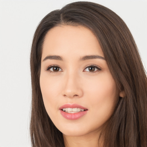 Neutral asian young-adult female with long  brown hair and brown eyes