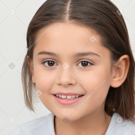 Joyful white child female with medium  brown hair and brown eyes