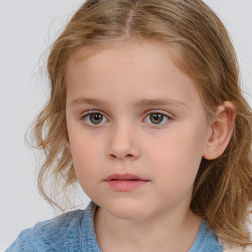 Neutral white child female with medium  brown hair and grey eyes