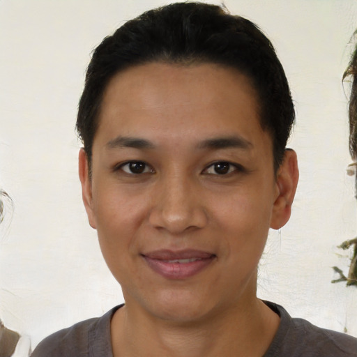 Joyful latino young-adult female with short  black hair and brown eyes
