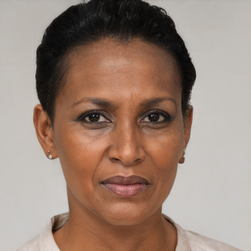 Joyful black adult female with short  brown hair and brown eyes