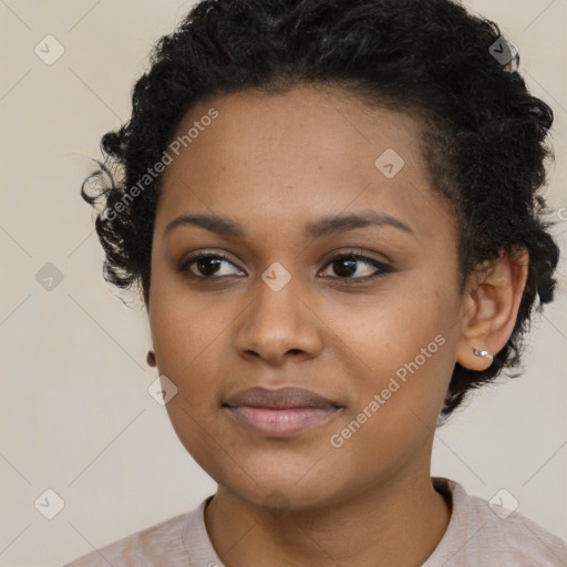 Neutral black young-adult female with short  black hair and brown eyes