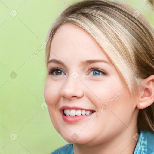 Joyful white young-adult female with medium  brown hair and blue eyes