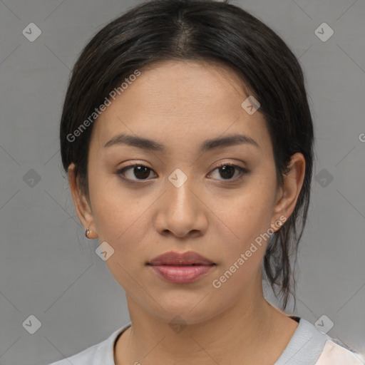 Neutral asian young-adult female with medium  black hair and brown eyes