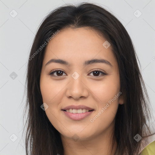 Joyful asian young-adult female with long  brown hair and brown eyes