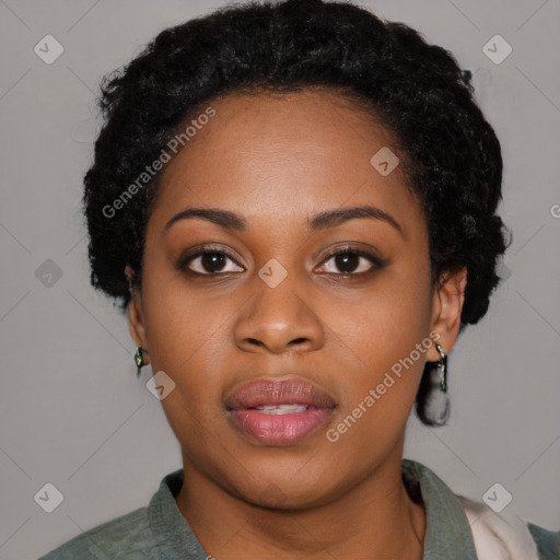 Neutral black young-adult female with short  black hair and brown eyes