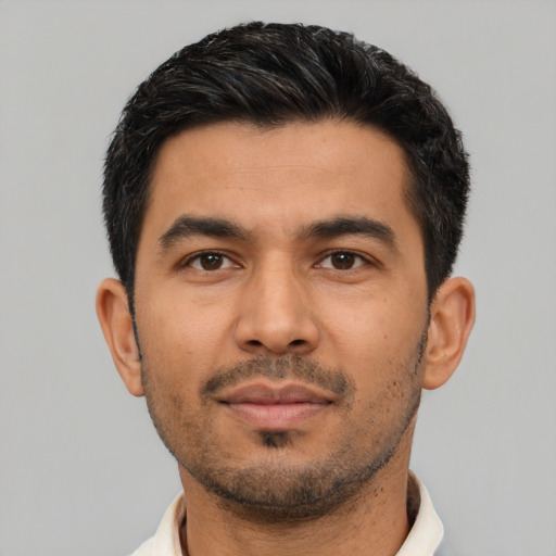 Neutral latino young-adult male with short  black hair and brown eyes