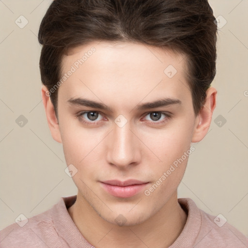 Neutral white young-adult male with short  brown hair and brown eyes