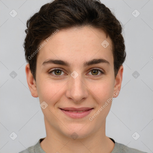 Joyful white young-adult female with short  brown hair and brown eyes