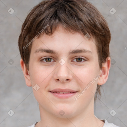 Joyful white child male with short  brown hair and brown eyes