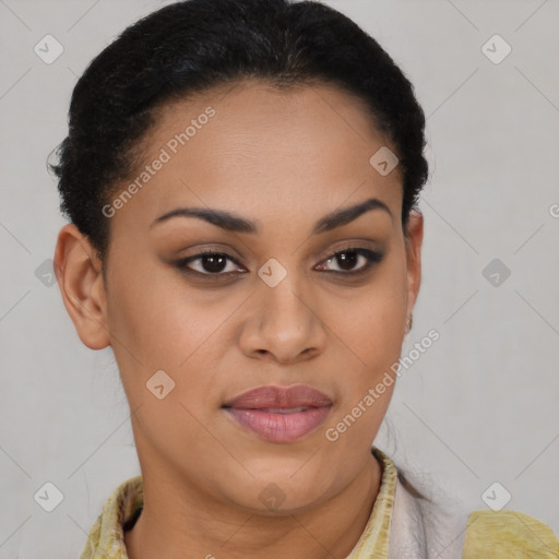 Joyful latino young-adult female with short  brown hair and brown eyes