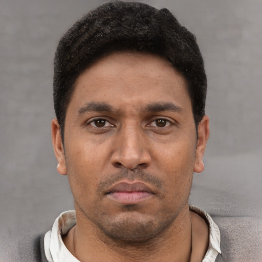 Neutral white young-adult male with short  black hair and brown eyes