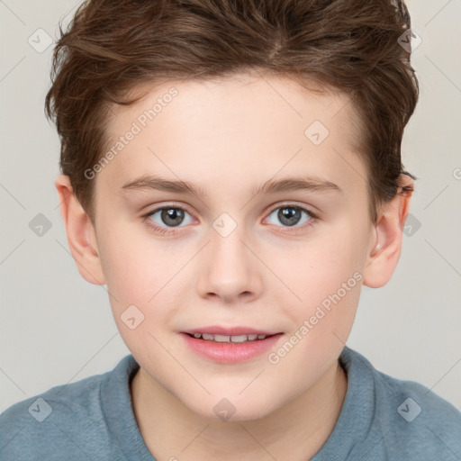 Joyful white child female with short  brown hair and grey eyes