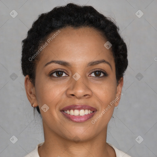 Joyful latino young-adult female with short  brown hair and brown eyes