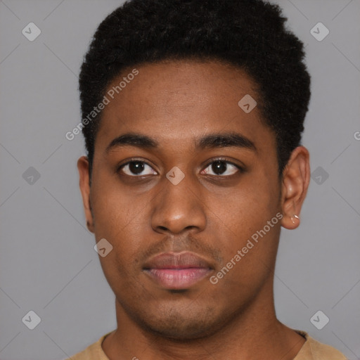 Neutral black young-adult male with short  black hair and brown eyes
