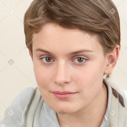 Neutral white young-adult female with short  brown hair and brown eyes