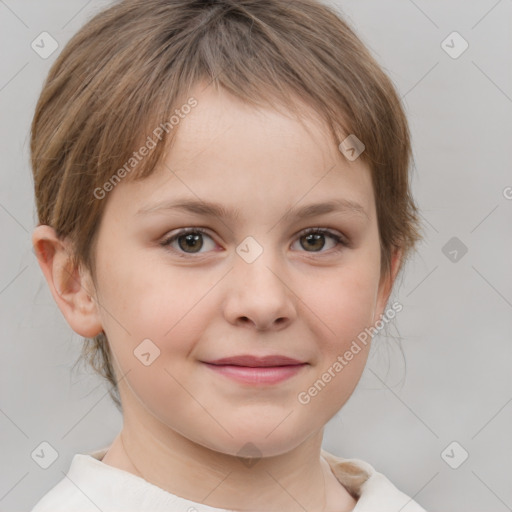 Joyful white child female with medium  brown hair and brown eyes