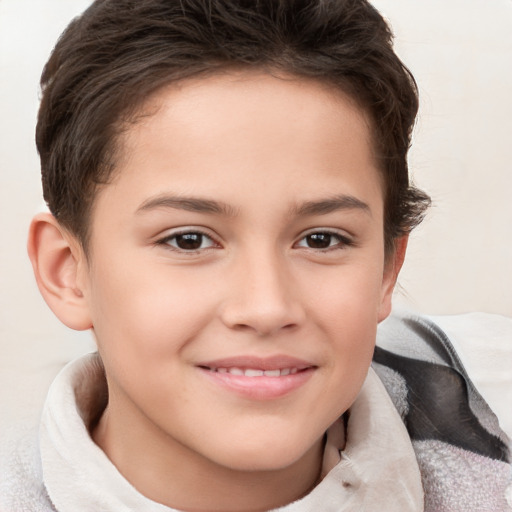 Joyful white child female with short  brown hair and brown eyes