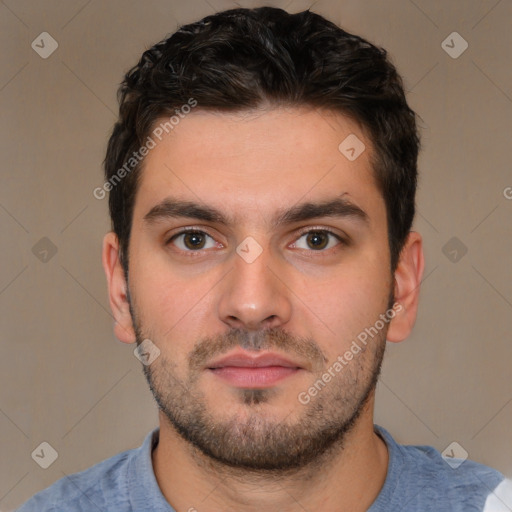 Neutral white young-adult male with short  brown hair and brown eyes