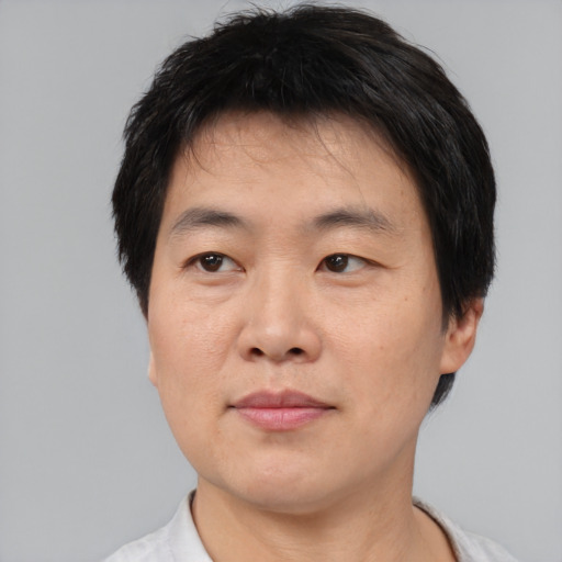 Neutral asian adult male with short  brown hair and brown eyes