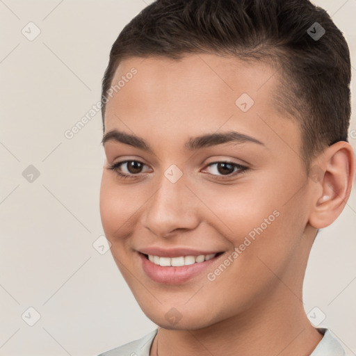 Joyful white young-adult female with short  brown hair and brown eyes