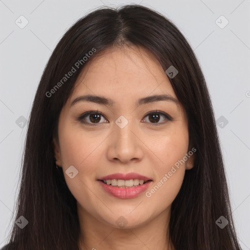 Joyful white young-adult female with long  brown hair and brown eyes