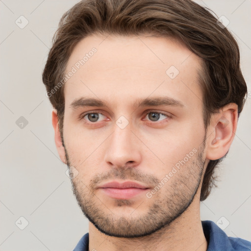 Neutral white young-adult male with short  brown hair and grey eyes