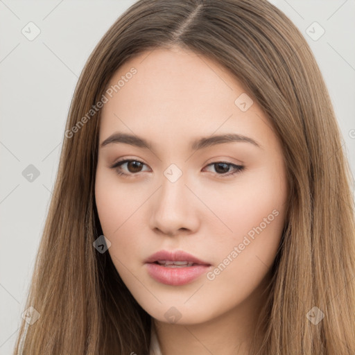 Neutral white young-adult female with long  brown hair and brown eyes