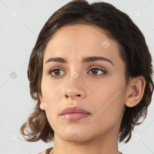 Neutral white young-adult female with medium  brown hair and brown eyes