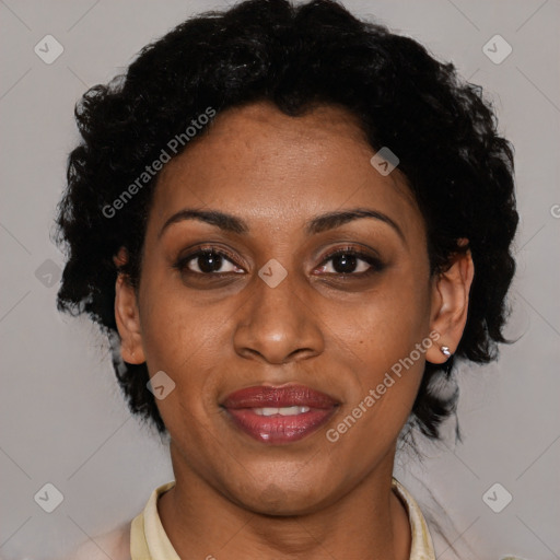 Joyful latino young-adult female with short  black hair and brown eyes