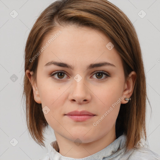 Neutral white young-adult female with medium  brown hair and brown eyes