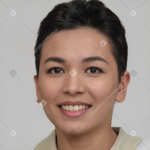 Joyful asian young-adult female with short  brown hair and brown eyes