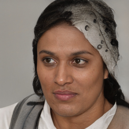 Joyful black adult female with short  black hair and brown eyes