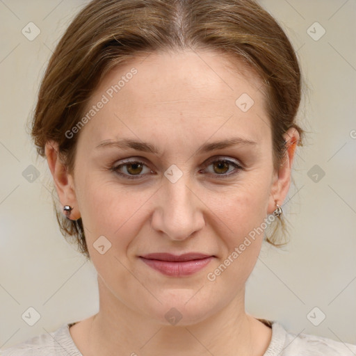 Joyful white young-adult female with medium  brown hair and blue eyes