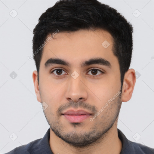 Neutral latino young-adult male with short  black hair and brown eyes