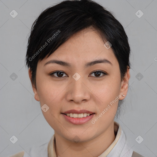 Joyful asian young-adult female with medium  brown hair and brown eyes