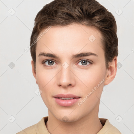 Neutral white young-adult female with short  brown hair and brown eyes