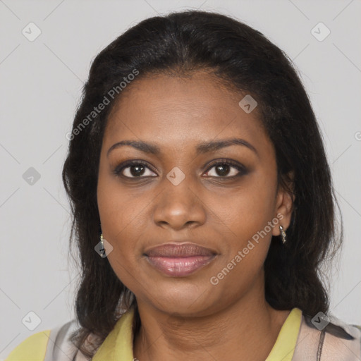 Joyful black young-adult female with medium  brown hair and brown eyes
