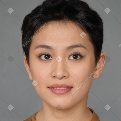 Joyful asian young-adult female with short  brown hair and brown eyes