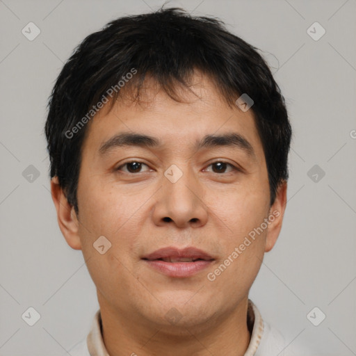 Neutral asian young-adult male with short  brown hair and brown eyes