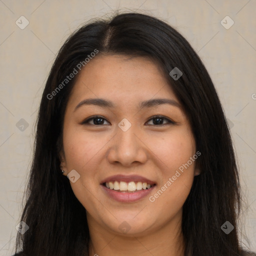 Joyful asian young-adult female with long  brown hair and brown eyes