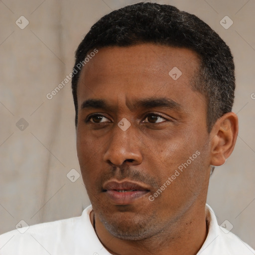 Neutral black young-adult male with short  black hair and brown eyes