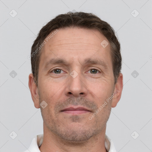 Neutral white adult male with short  brown hair and brown eyes