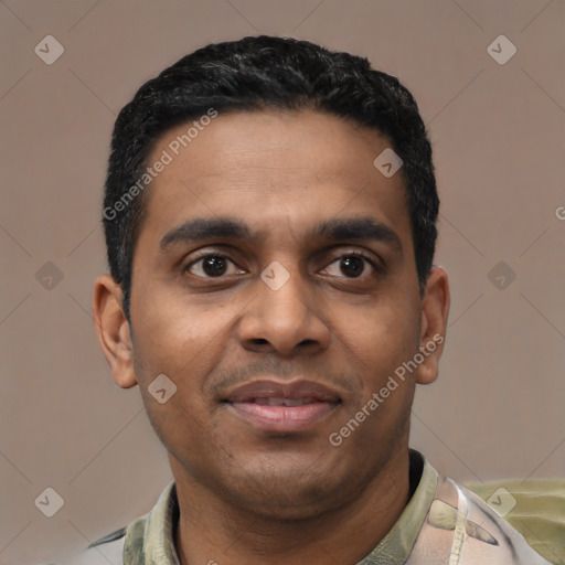 Joyful latino young-adult male with short  black hair and brown eyes