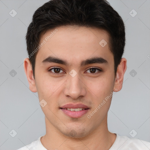 Joyful white young-adult male with short  brown hair and brown eyes