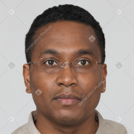 Neutral black young-adult male with short  brown hair and brown eyes